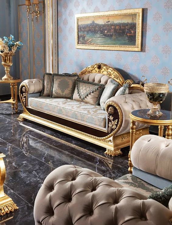 wooden 3 seater sofa and corner table