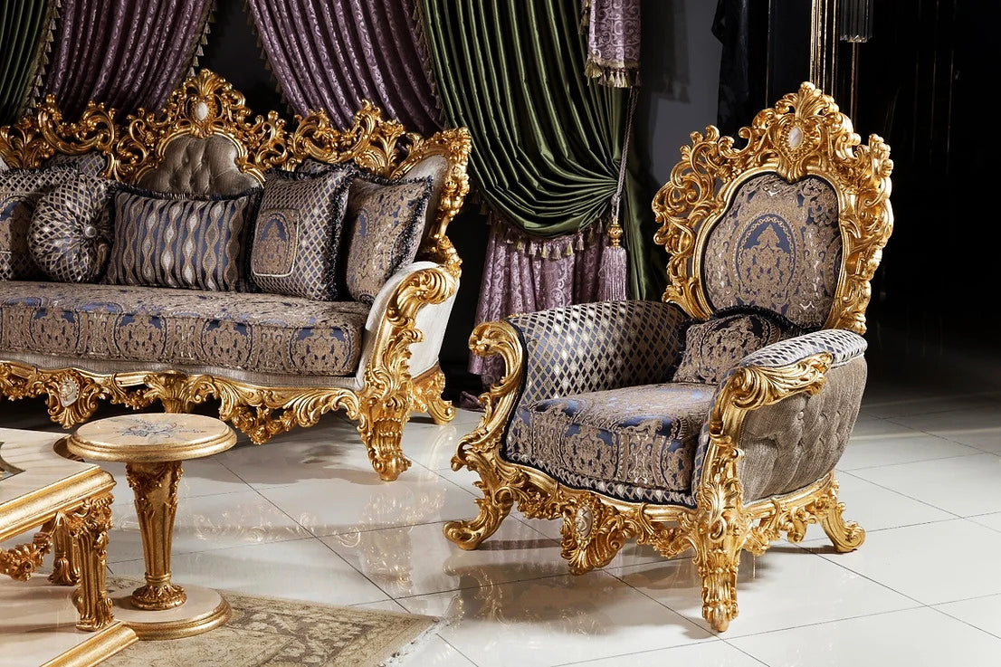 Deep carving blue-grey color arm chair