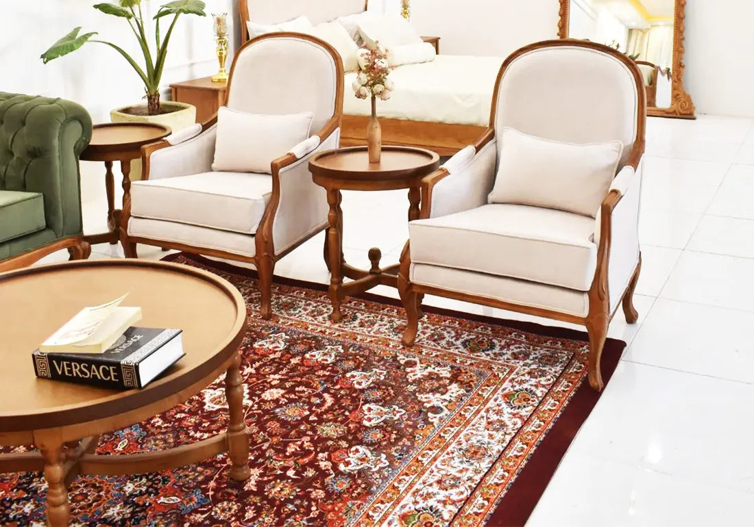 two arm chairs and corner table