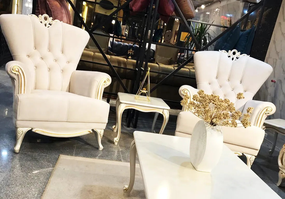 White color royal sofa arm chair and corner table