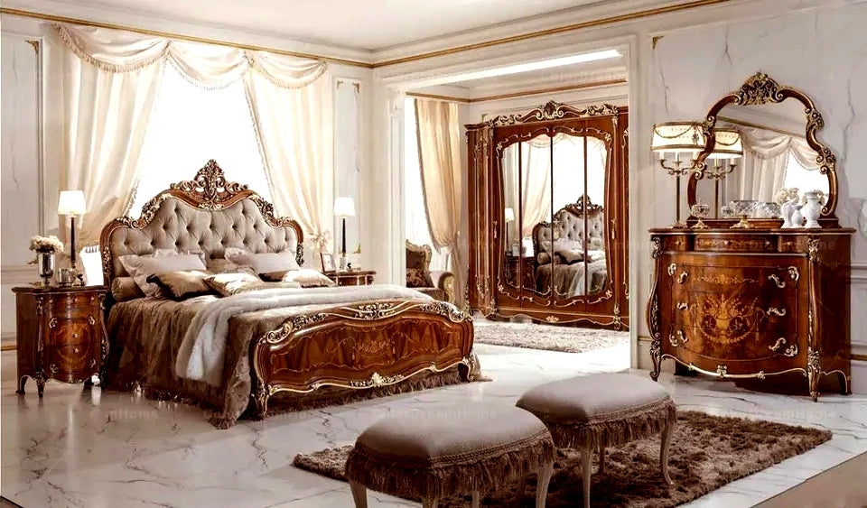 Classic European Style Glossy Carving Wardrobe with luxury bed