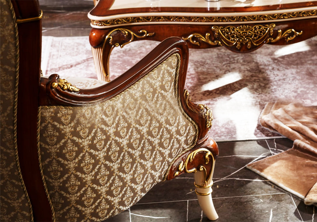 close view of wooden carving sofa