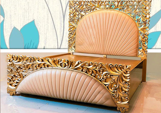 Leatherette Royal Bed with Golden Finish