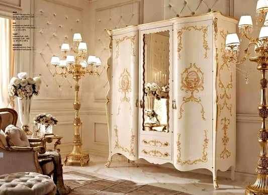 Luxury French Style Glossy Carving Wardrobe with lamp light