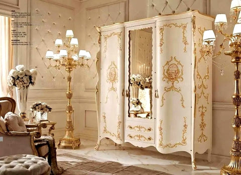 Luxury French Style Glossy Carving Wardrobe with lamp light