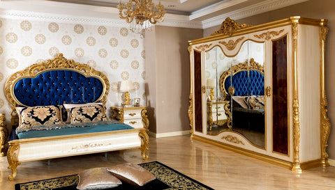 Luxury European Style Glossy Carving Wardrobe with luxurious bed