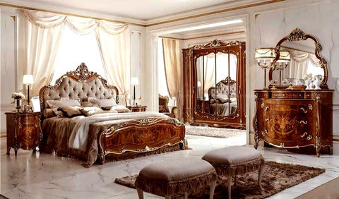 Classic European Style Glossy Carving Wardrobe with luxury bed 