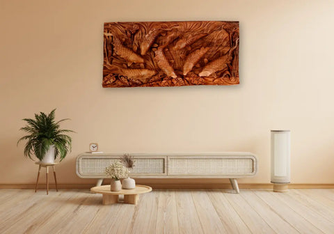 Handcrafted Teakwood Koi Fish Feng Shui Wall Art