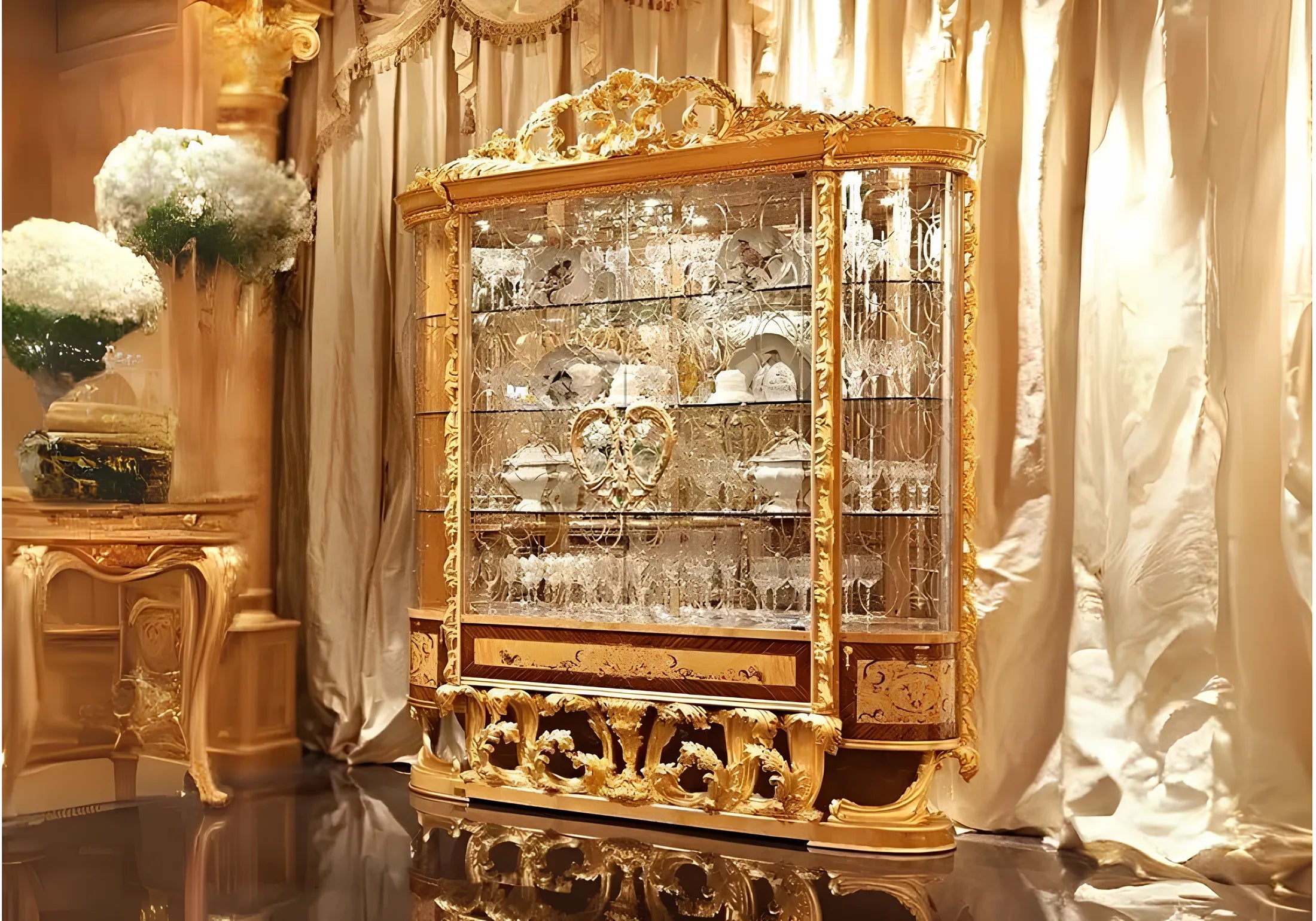 Golden color luxury carving vitrine