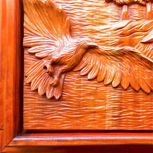 Majestic Hand Carved Teakwood American Bald Eagle Bird Sculpture Wall Art