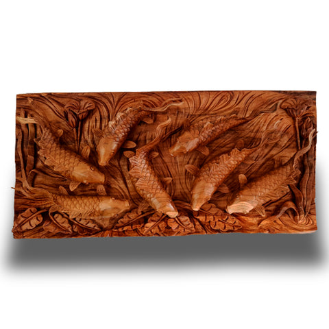 Handcrafted Teakwood Koi Fish Feng Shui Wall Art