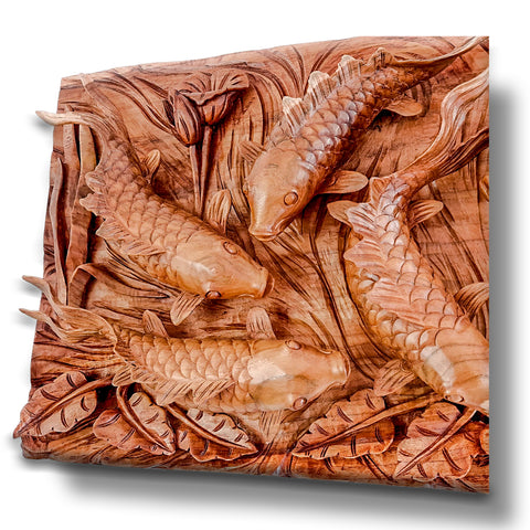 Handcrafted Teakwood Koi Fish Feng Shui Wall Art