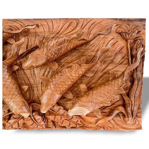 Handcrafted Teakwood Koi Fish Feng Shui Wall Art