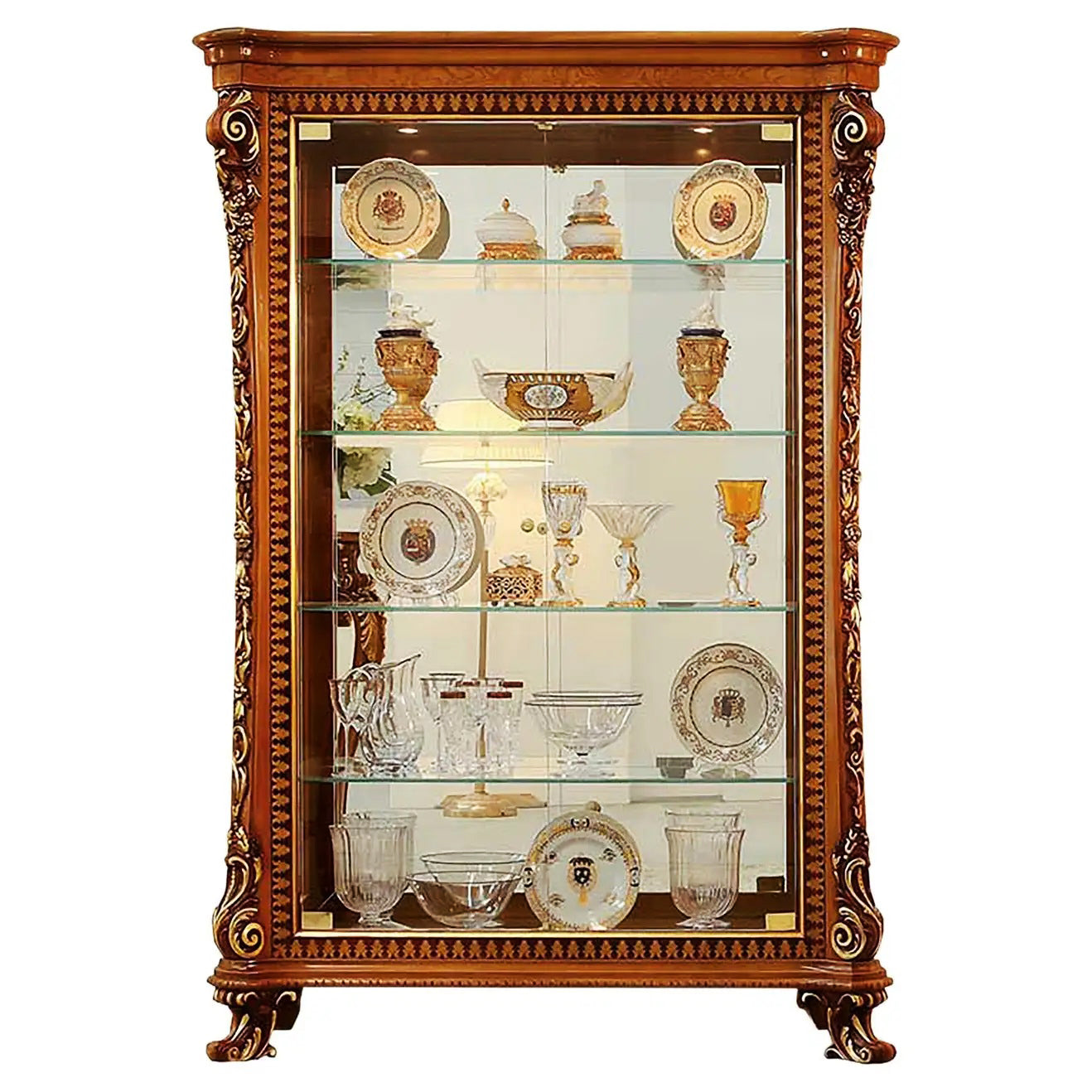 Luxury vitrine with golden color royal carving