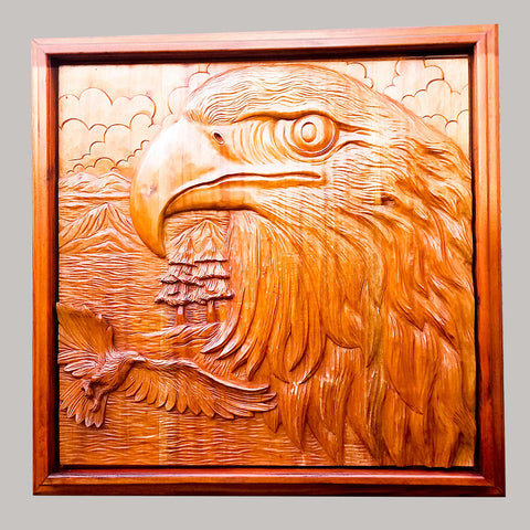 Majestic Hand Carved Teakwood American Bald Eagle Bird Sculpture Wall Art