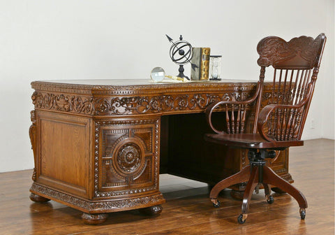 Antique Deep Hand Carved Teak Wooden Office Desk