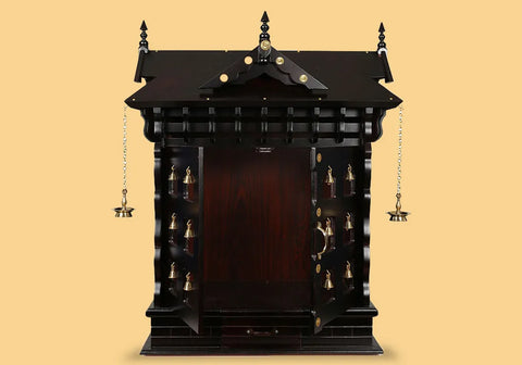 Kerala Style Mandir With Maroon Wood Wall Hangings And Floor